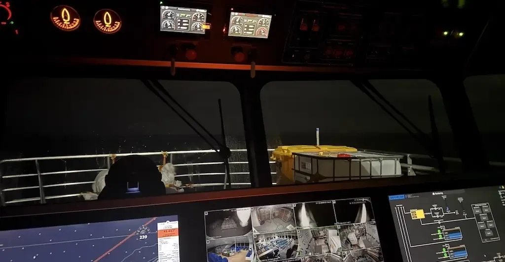 Instrument panels in a vessel's wheelhouse.